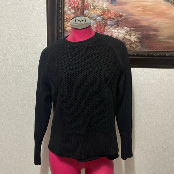 Athleta Sweater Merino Wool-Knit Sheer Crochet Crew Long Sleeve Black Small - Picture 1 of 10